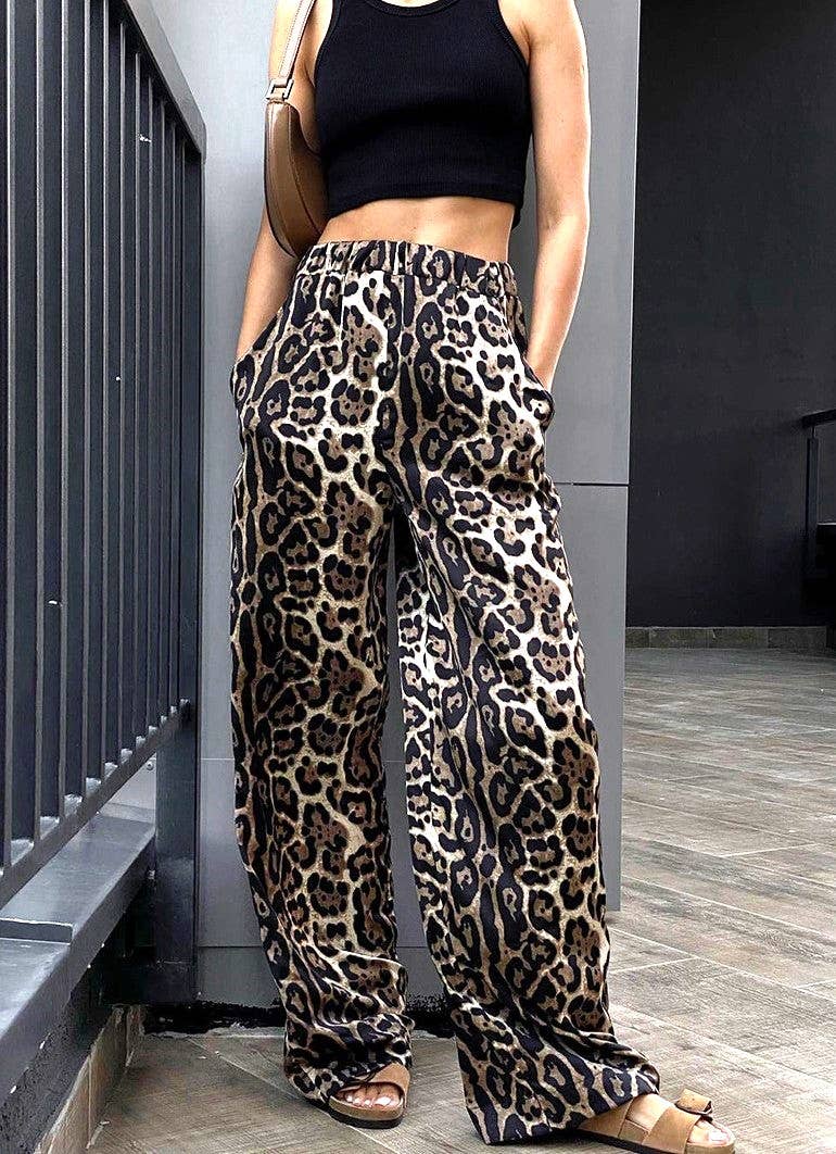 HIDDENBRAND - Leopard-Print Street Elastic Wide-Leg Trousers: Leopard / S