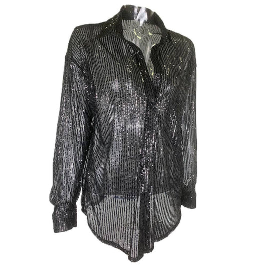 Rosa Clothing - Sequins Stylish Casual Roll-Neck Shirt: Black / M