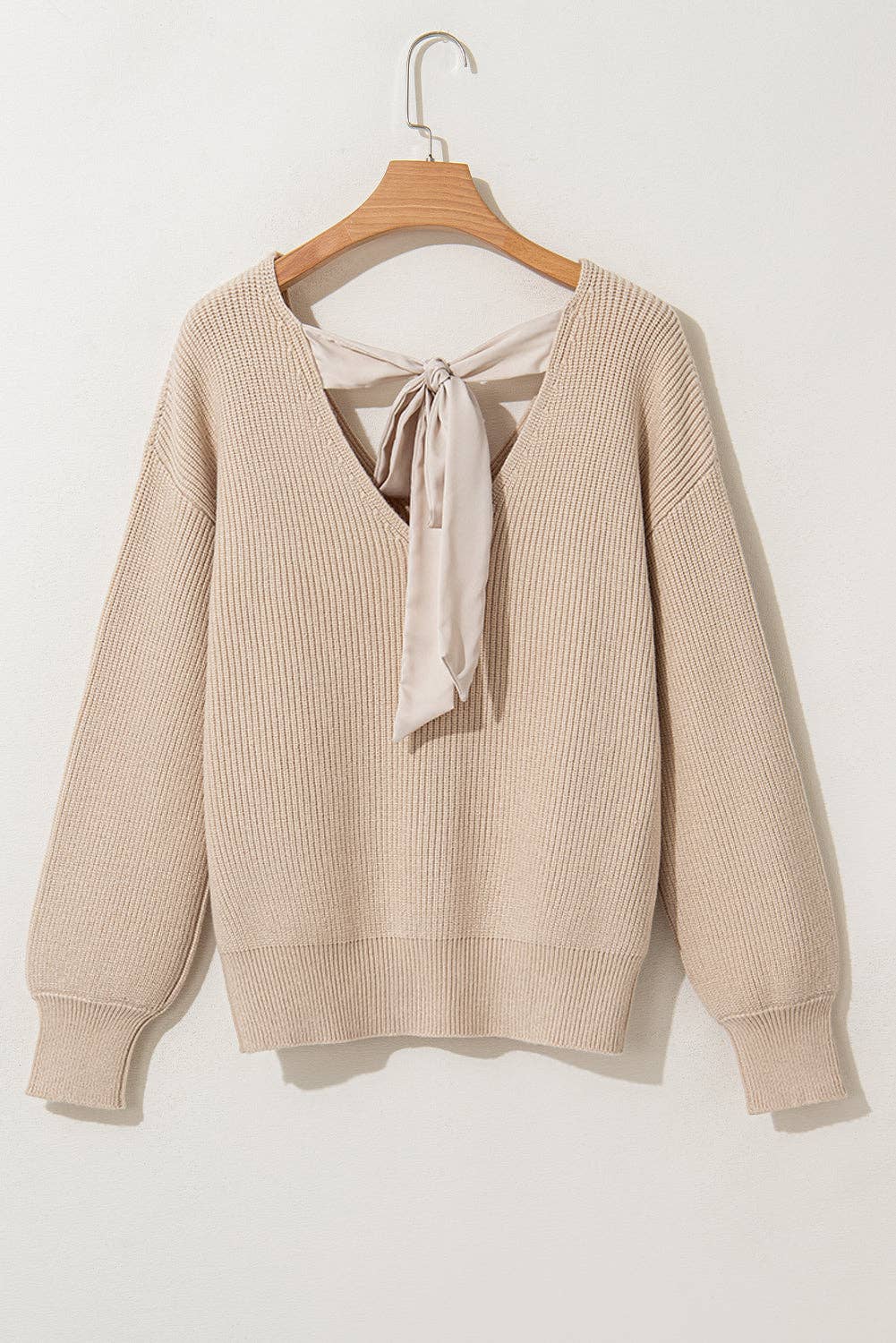 Suhkasana - Apricot Lantern Sleeve V Neck Knot Back Sweater: Apricot / 50%Viscose+28%Polyester+22%Polyamide / S