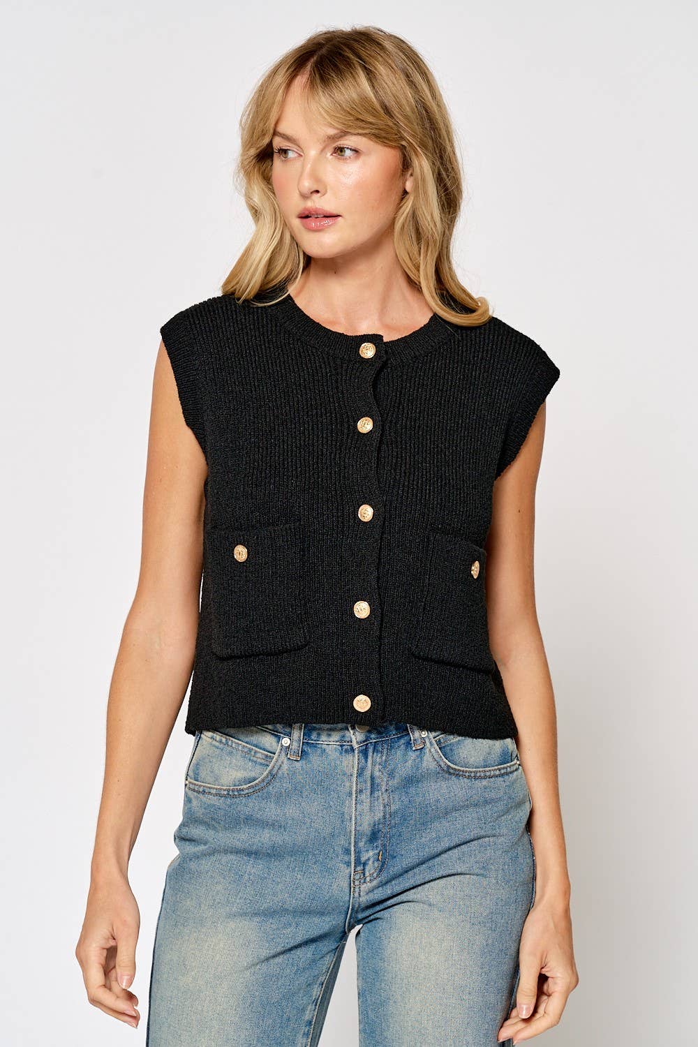 Lalavon - ILT5155 GOLD BUTTON SWEATER VEST W/ POCKETS