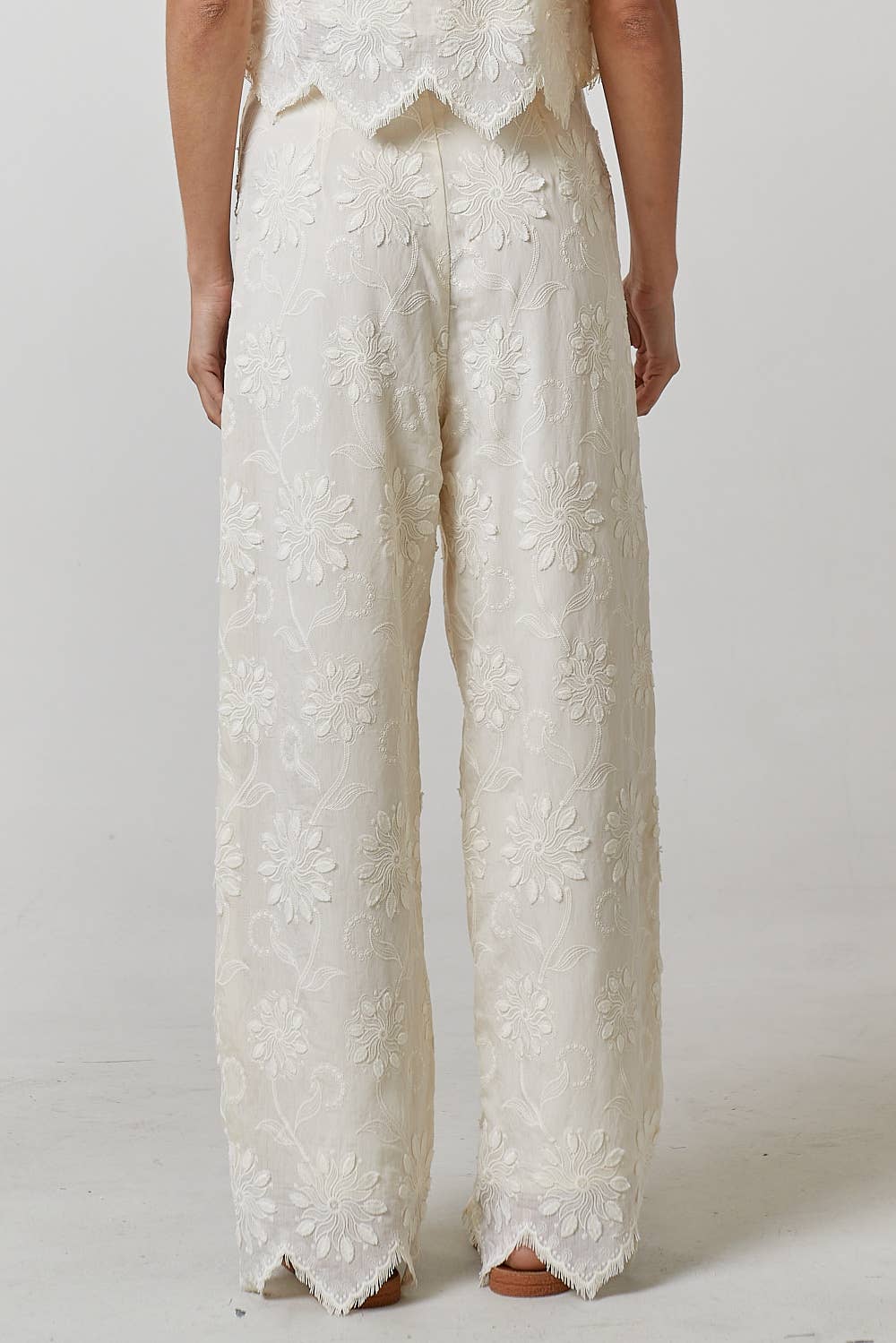 Lalavon - ILP3633 FLORAL EMBROIDERY WIDE LEG TROUSER PANTS