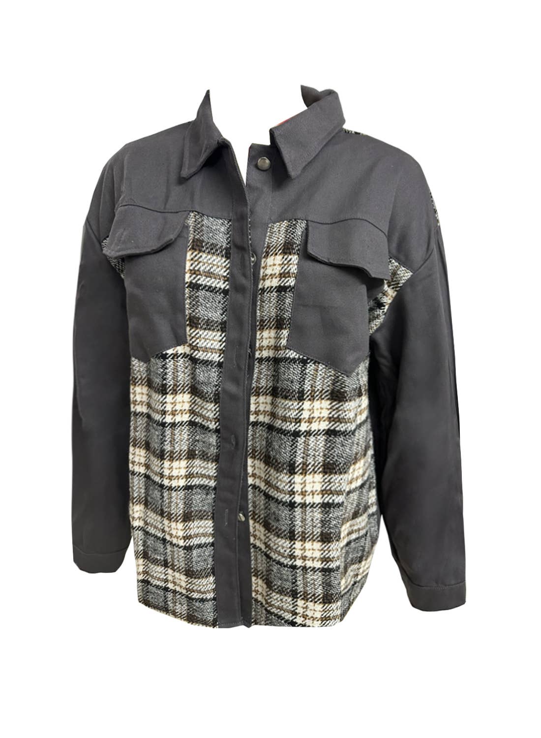 Rosa Clothing - Long-Sleeved Plaid Button-Down Shirt Jacket: Black / XL