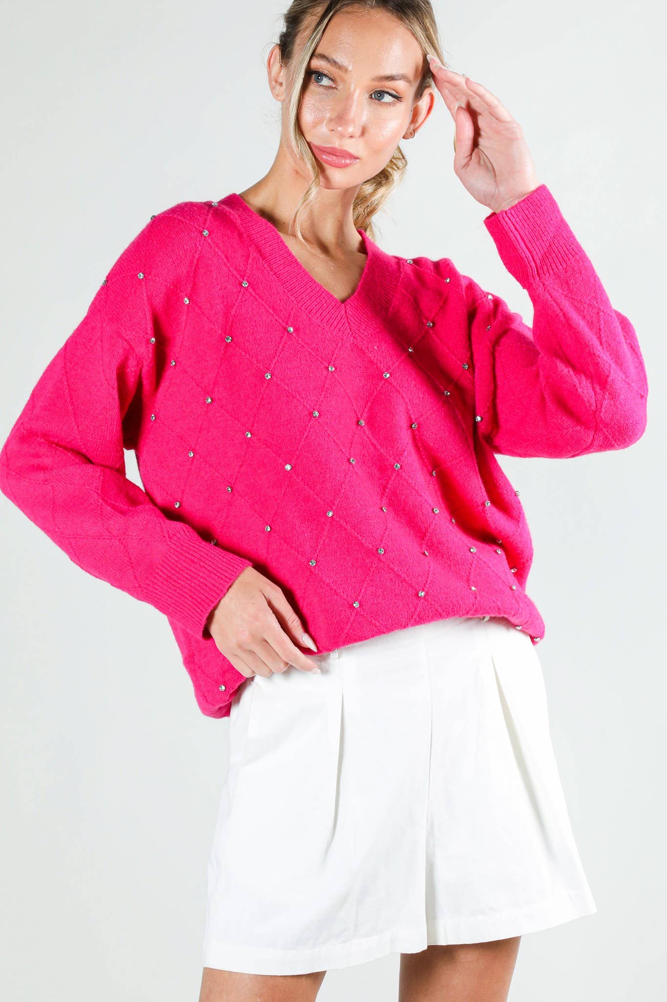 Vine & Love - V-Neck Rhinestone Trim Detail Knitted Sweater Top VT81546-1