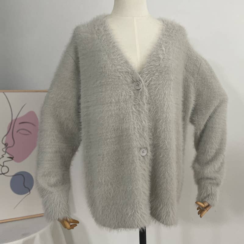 Rosa Clothing - Fluffy V-neck Button-down sweater Cardigan: Taupe / L