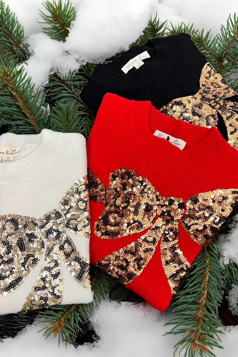 Vine & Love - Leopard Sequin Bow Crew Neck Knitted Sweater Top VT82024
