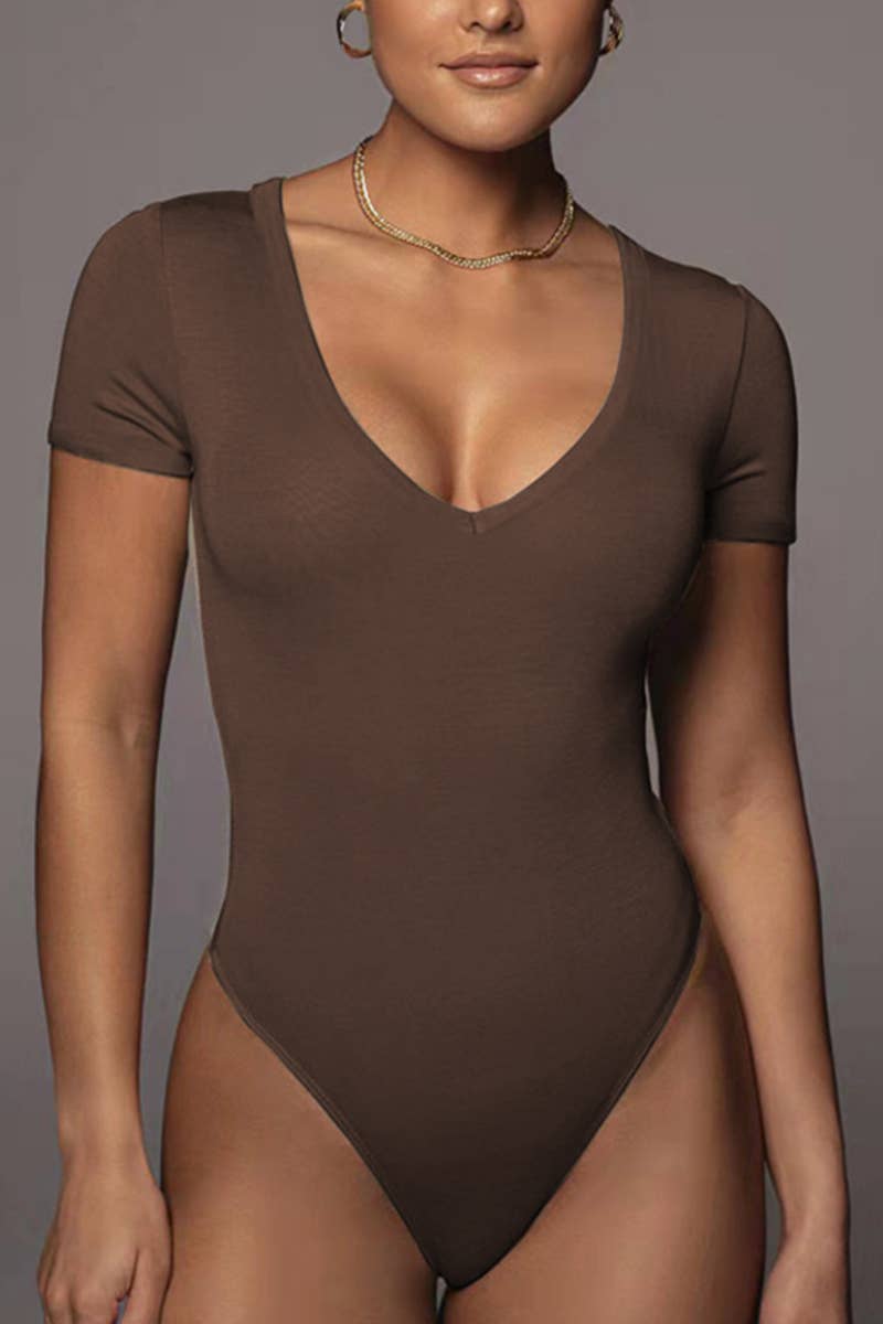 Lily Clothing - WOMEN SHORT SLEEVE DEEP U NECK BODYSUIT_CWSBS0046: WINE / (M) 1