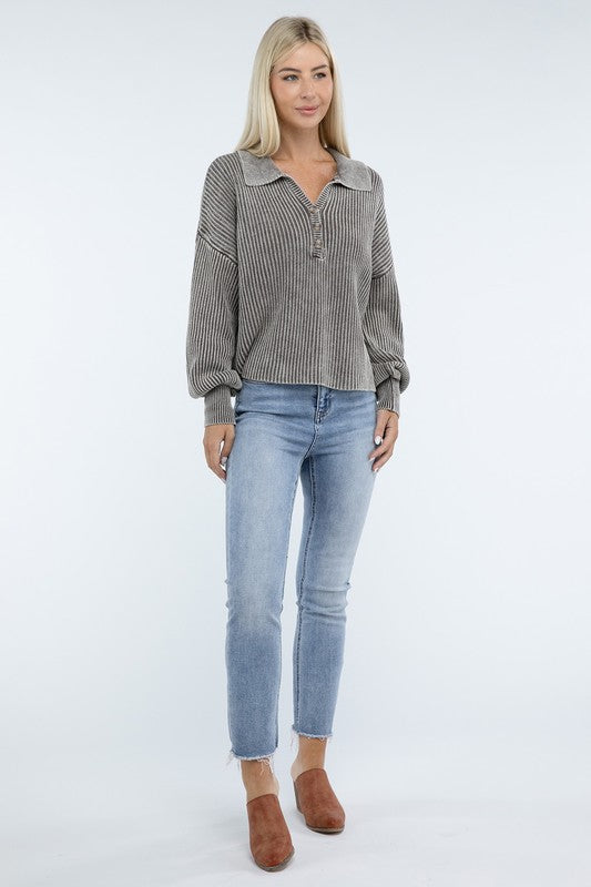 Washed Collared Henley Sweater