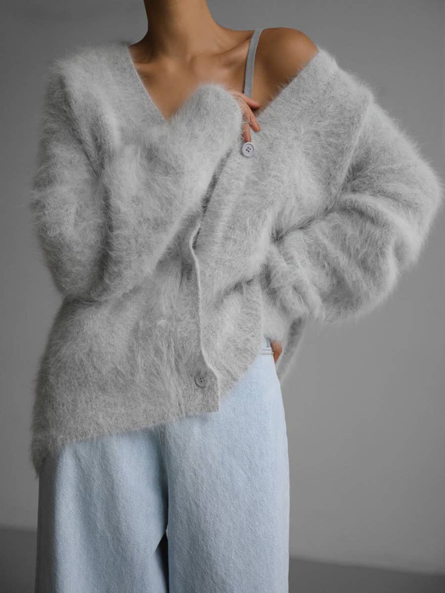 Rosa Clothing - Fluffy V-neck Button-down sweater Cardigan: Taupe / L