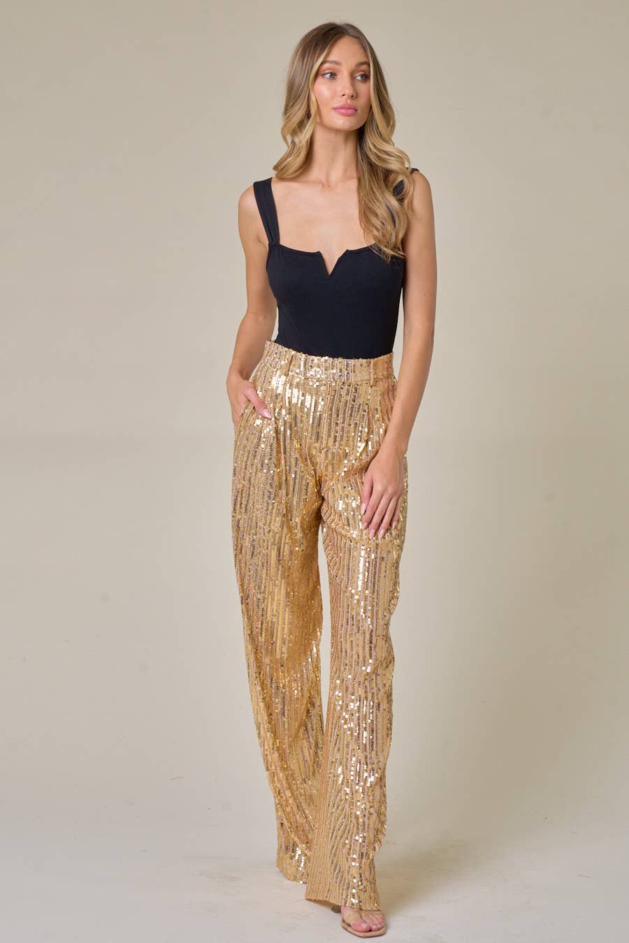 WISTERIA LANE - SEQUINS WIDE LEG PANTS - GOLD 2406