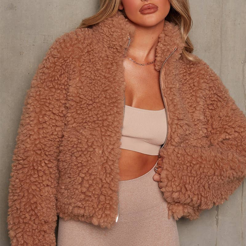 HIDDENBRAND - Plush cardigan cropped jacket lamb wool coat: Camel color / XL