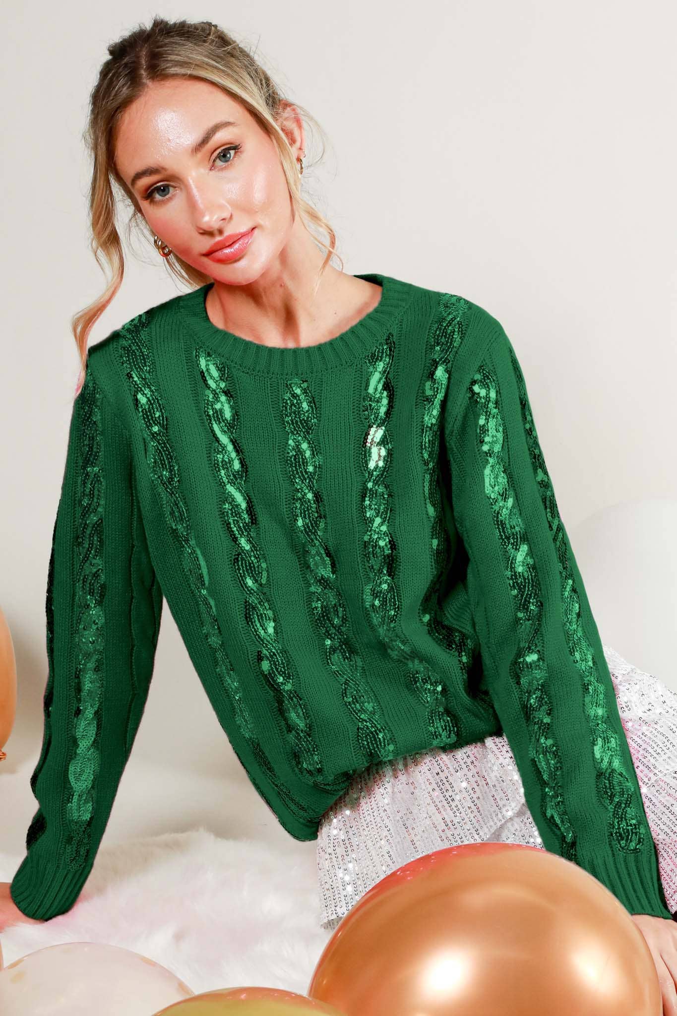 Vine & Love - Cable Sequin Detail Crew Neck Knitted Sweater Top VT70164