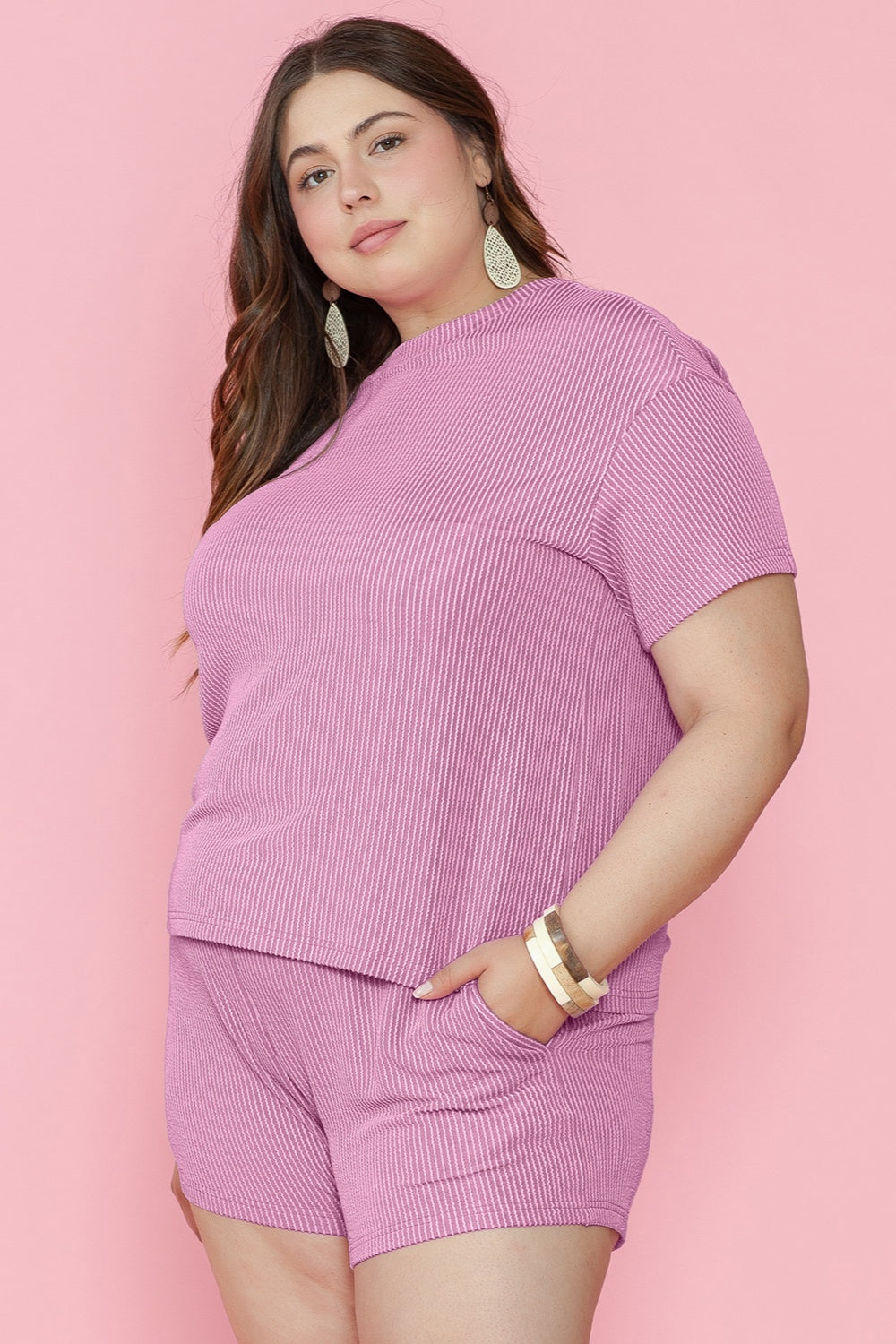 Plus Size Round Neck Short Sleeve Top and Shorts Set