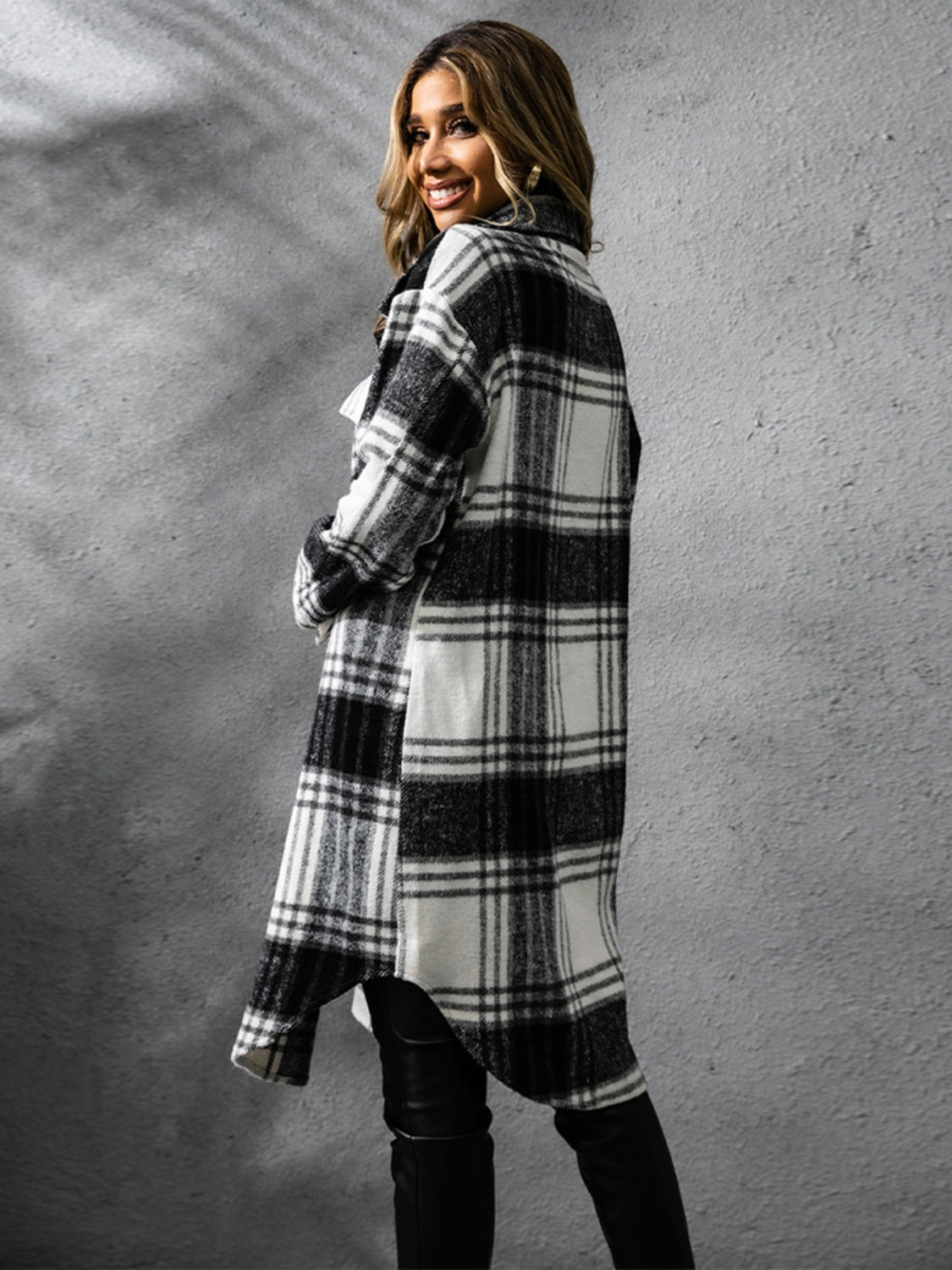 Plaid Collared Neck Long Sleeve Coat