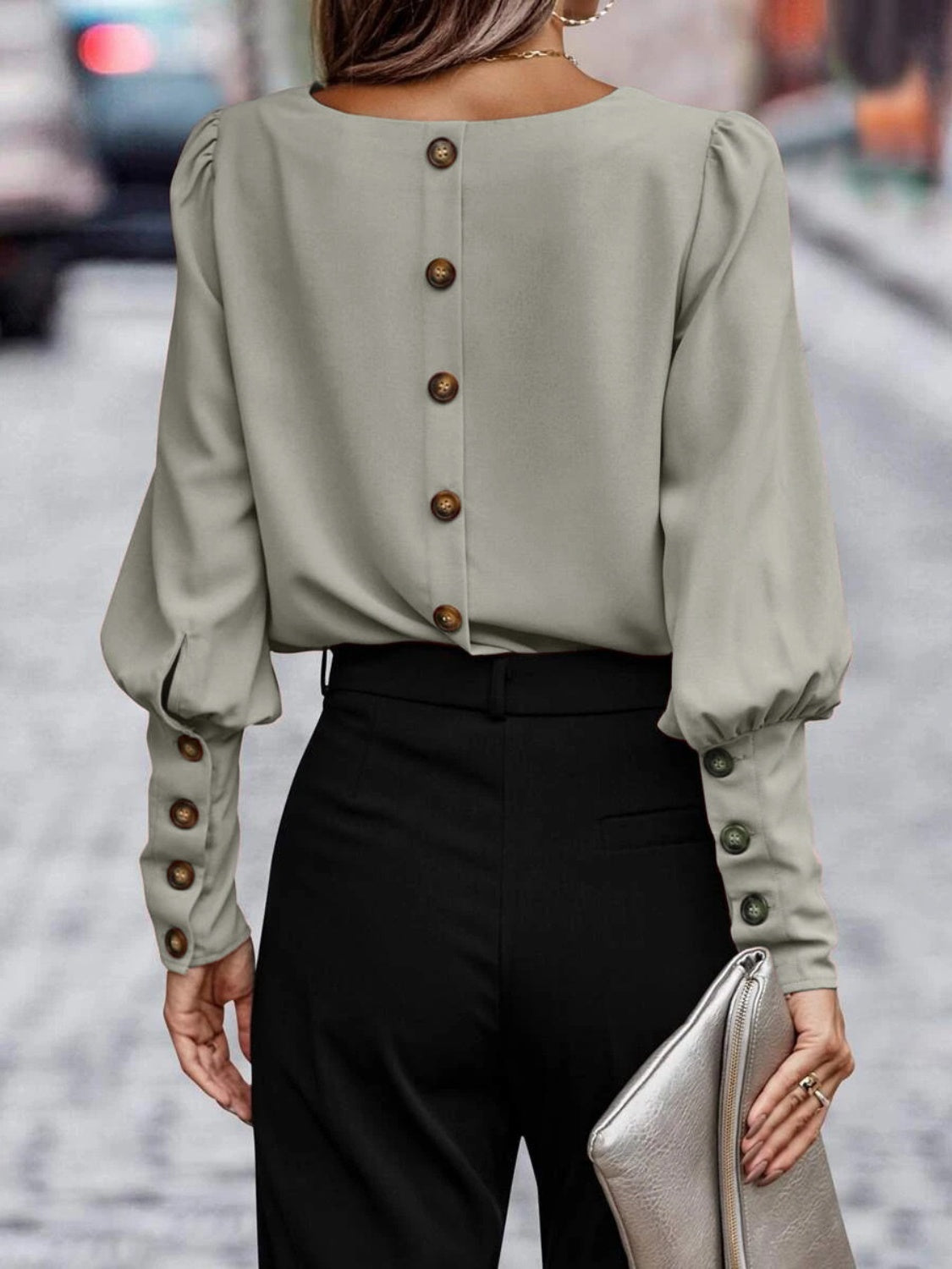 Decorative Button Round Neck Long Sleeve Blouse