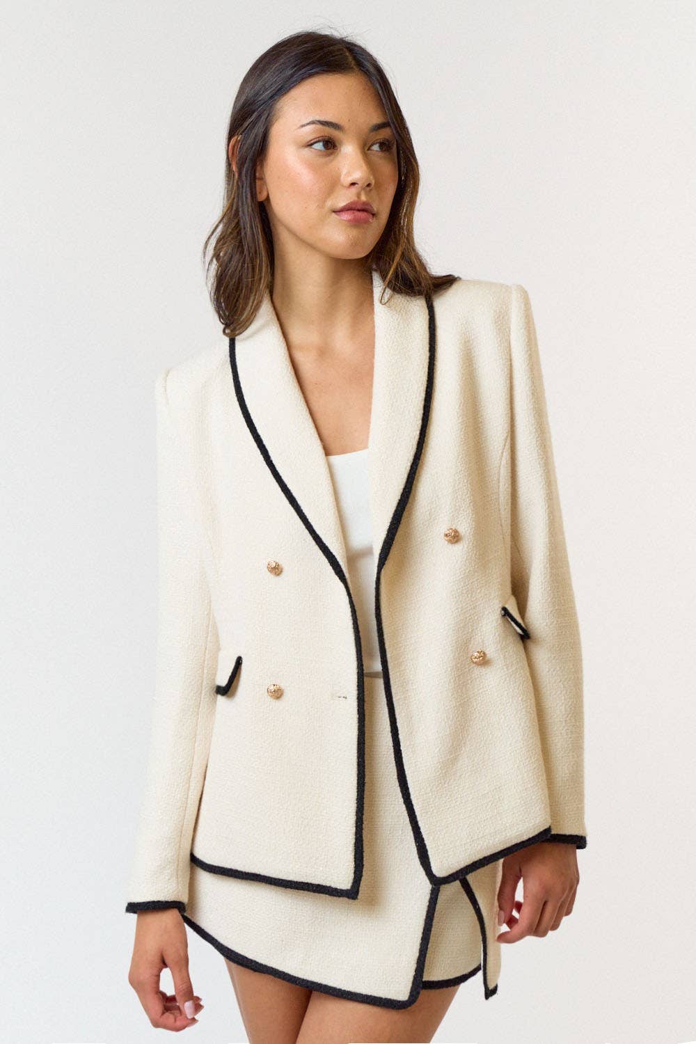 Lalavon - ILT4397 CONTRAST BINDING BOUCLE DOUBLE BUTTON BLAZER