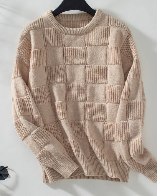 Rosa Clothing - Minimalist Checked Crewneck Sweater: Apricot / L