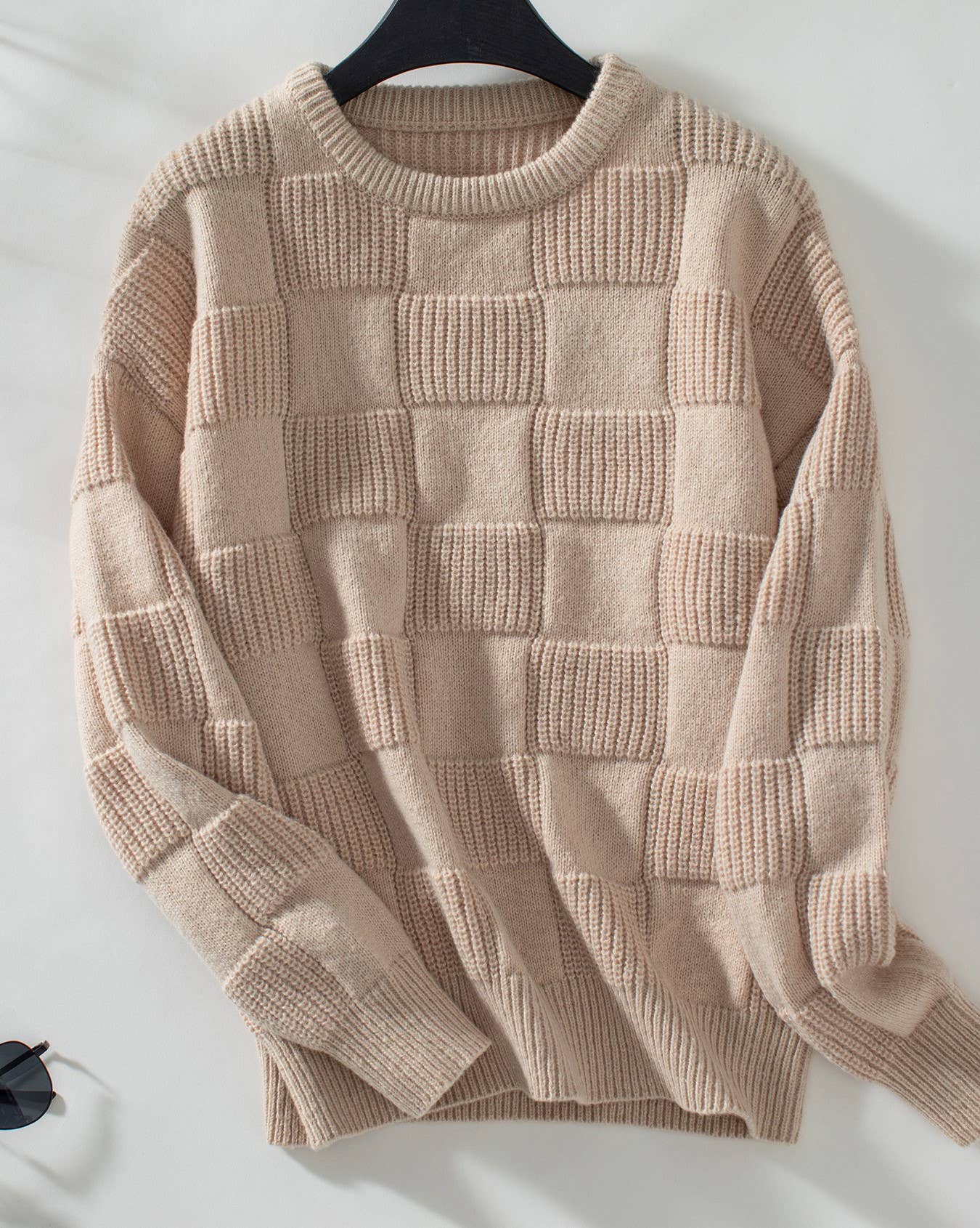 Rosa Clothing - Minimalist Checked Crewneck Sweater: Apricot / XL