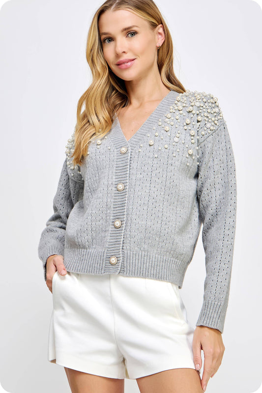 Strut & Bolt - Pearl Studded Eyelet Knit Cardigan Sweater