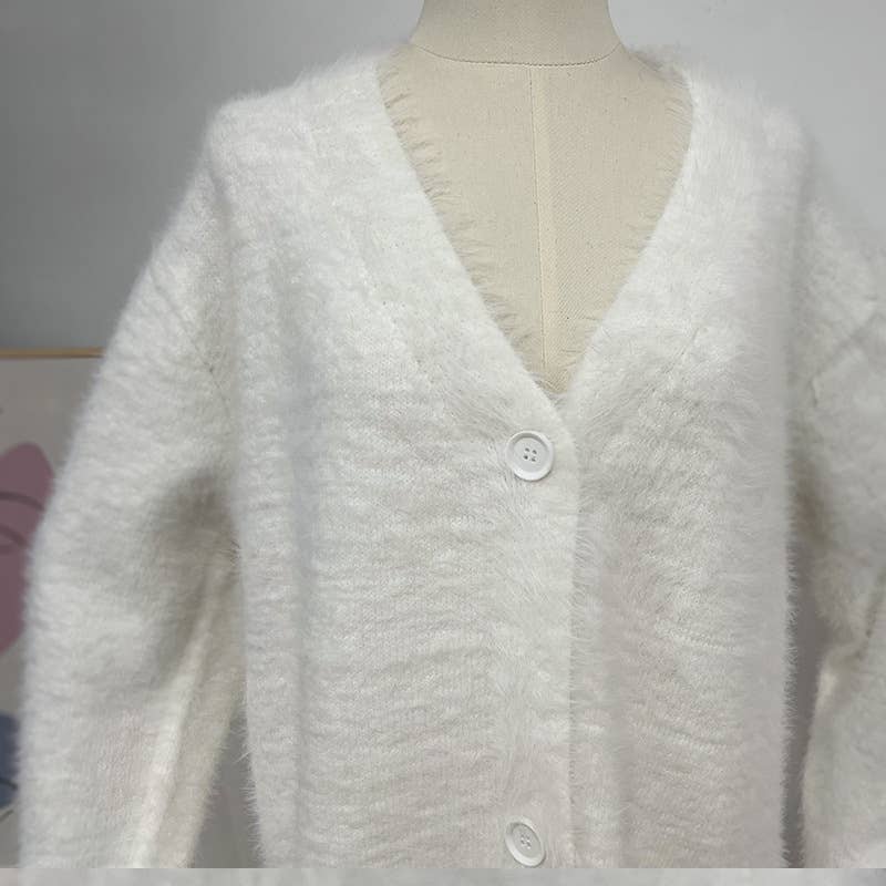 Rosa Clothing - Fluffy V-neck Button-down sweater Cardigan: Taupe / L