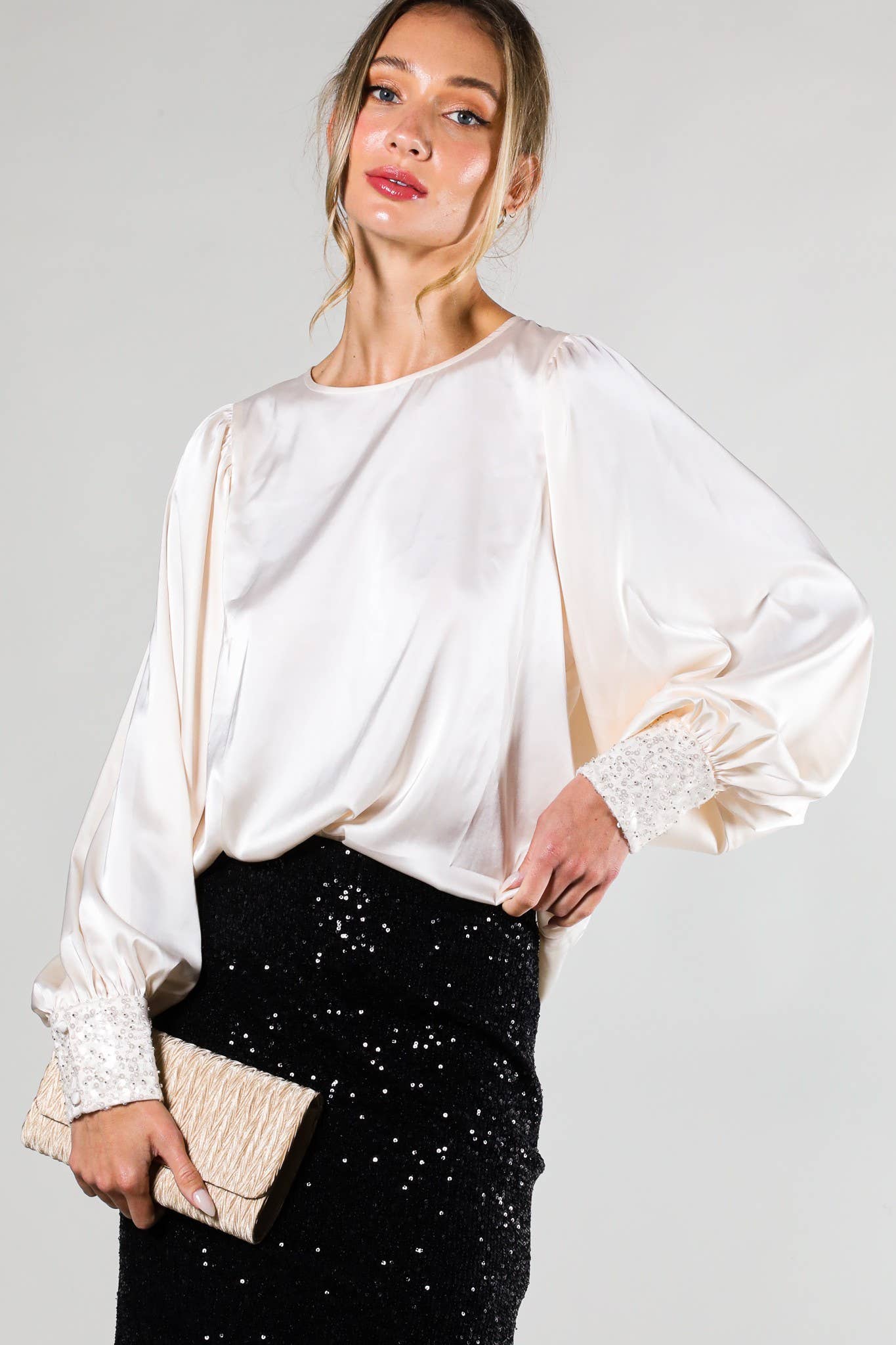 Vine & Love - Sequin Cuff Detail Boat Neck Satin Blouse Top VT81259