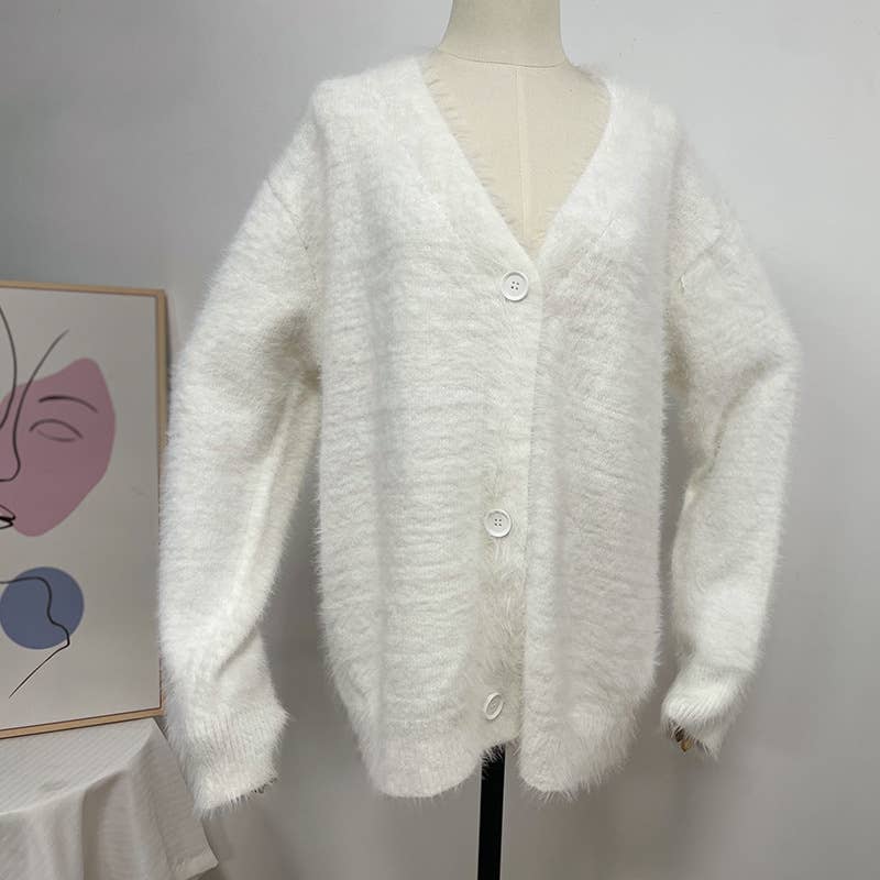 Rosa Clothing - Fluffy V-neck Button-down sweater Cardigan: Taupe / L