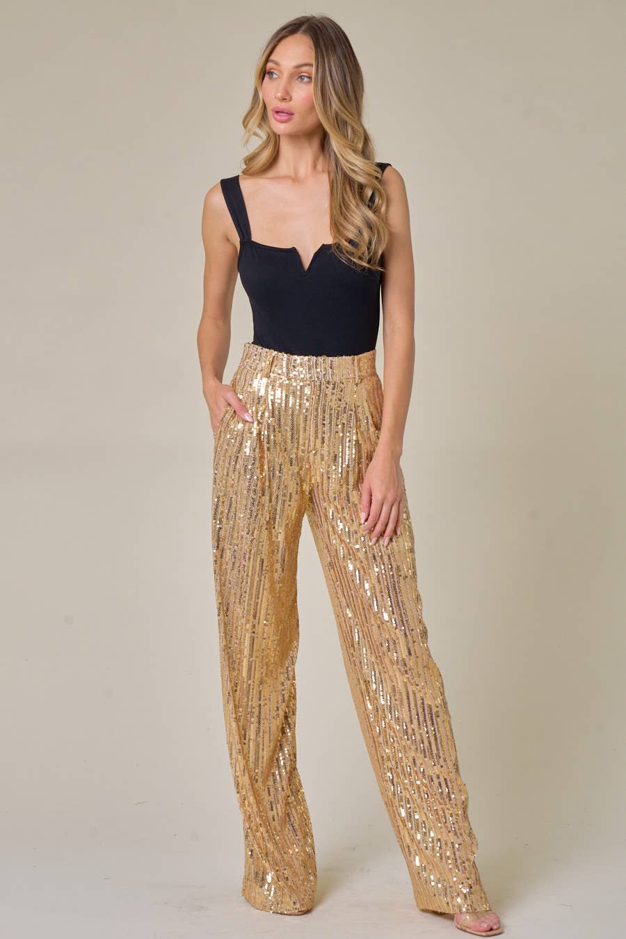 WISTERIA LANE - SEQUINS WIDE LEG PANTS - GOLD 2406