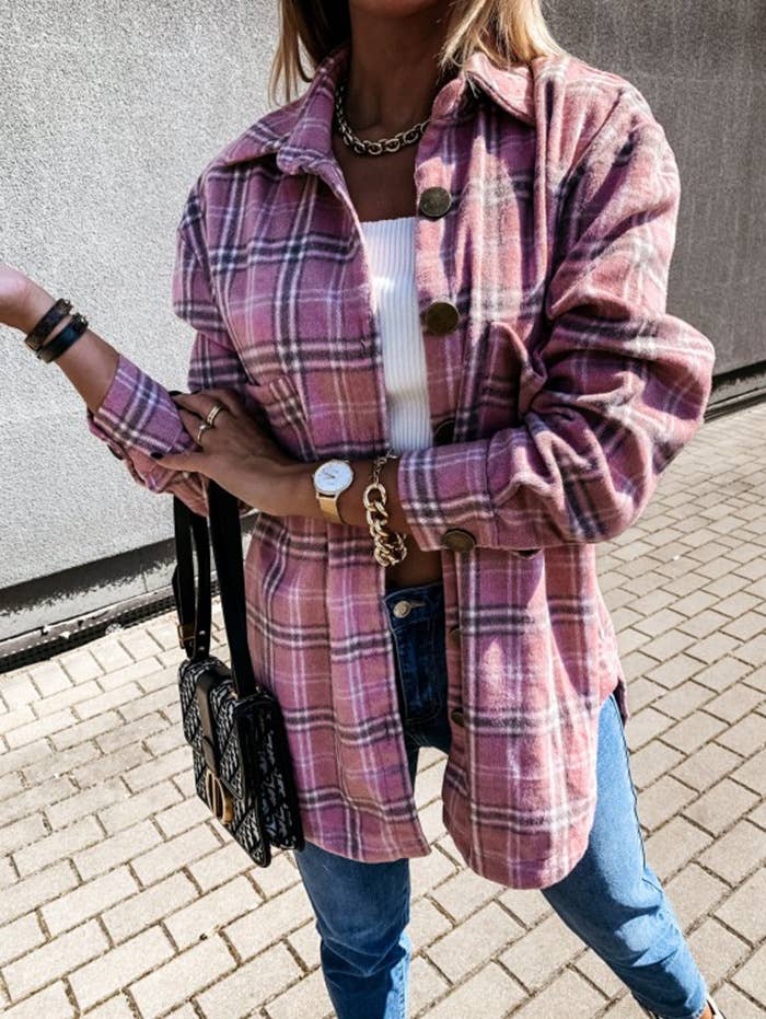 HIDDENBRAND - Loose casual vintage plaid long-sleeved shirt jacket: White / L