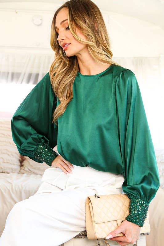 Vine & Love - Sequin Cuff Detail Boat Neck Satin Blouse Top VT81259