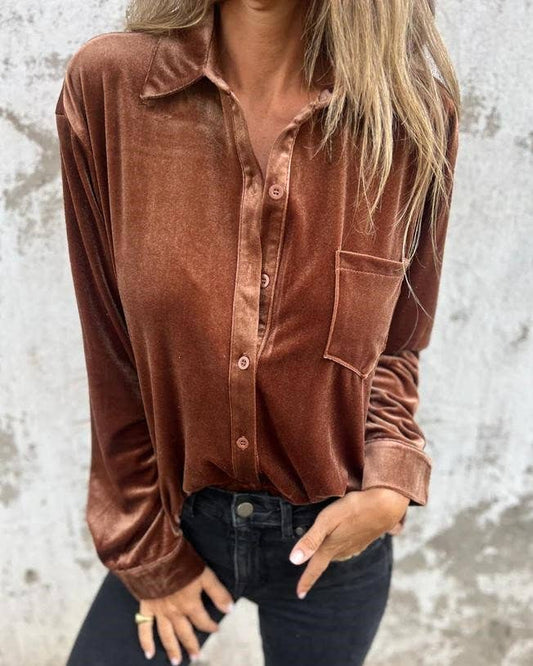 Rosa Clothing - Retro Single-Breasted Velvet Shirt: Coffee / M