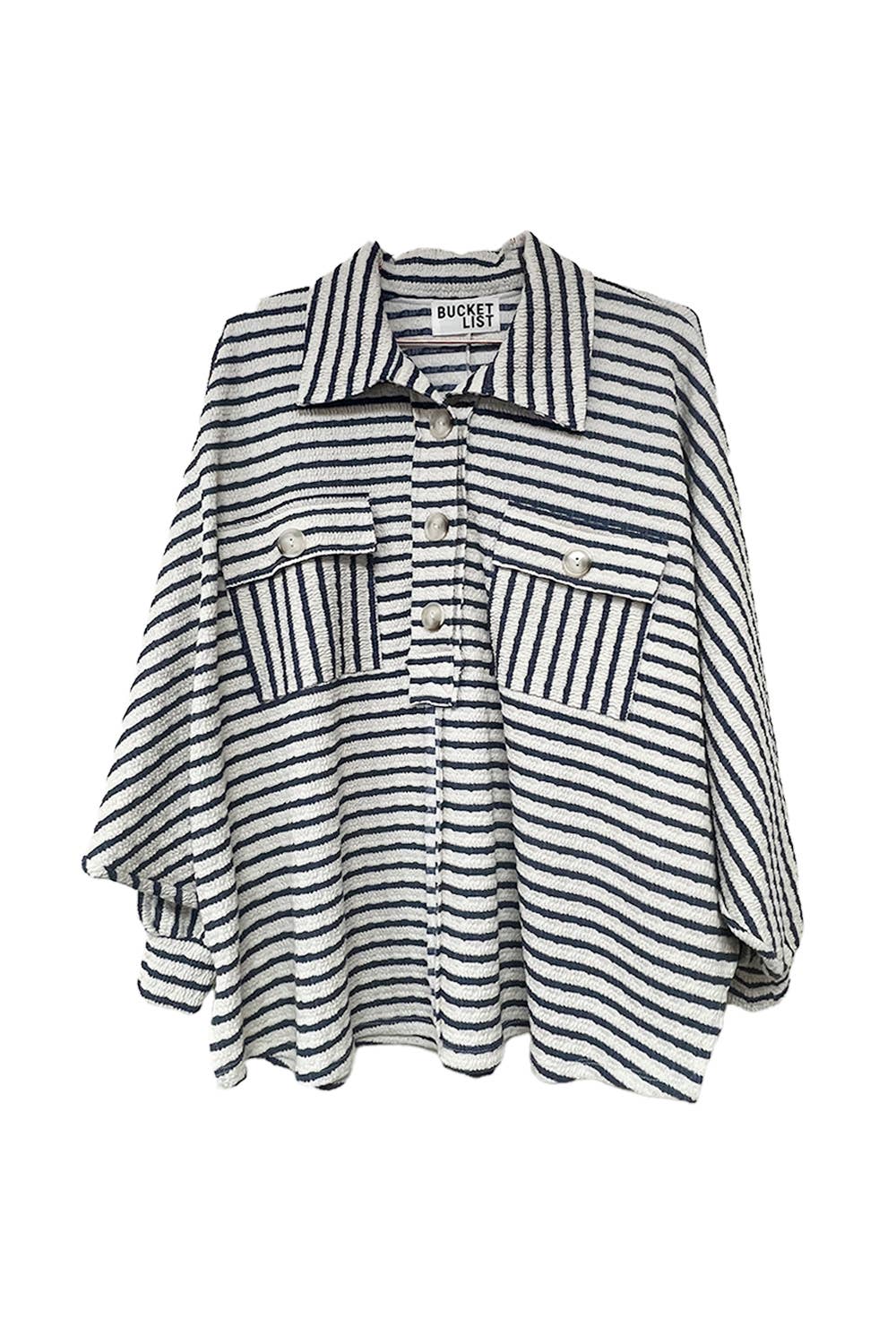 BUCKETLIST - T1578-5  Collared Oversized Button Up Stripe Pullover Top