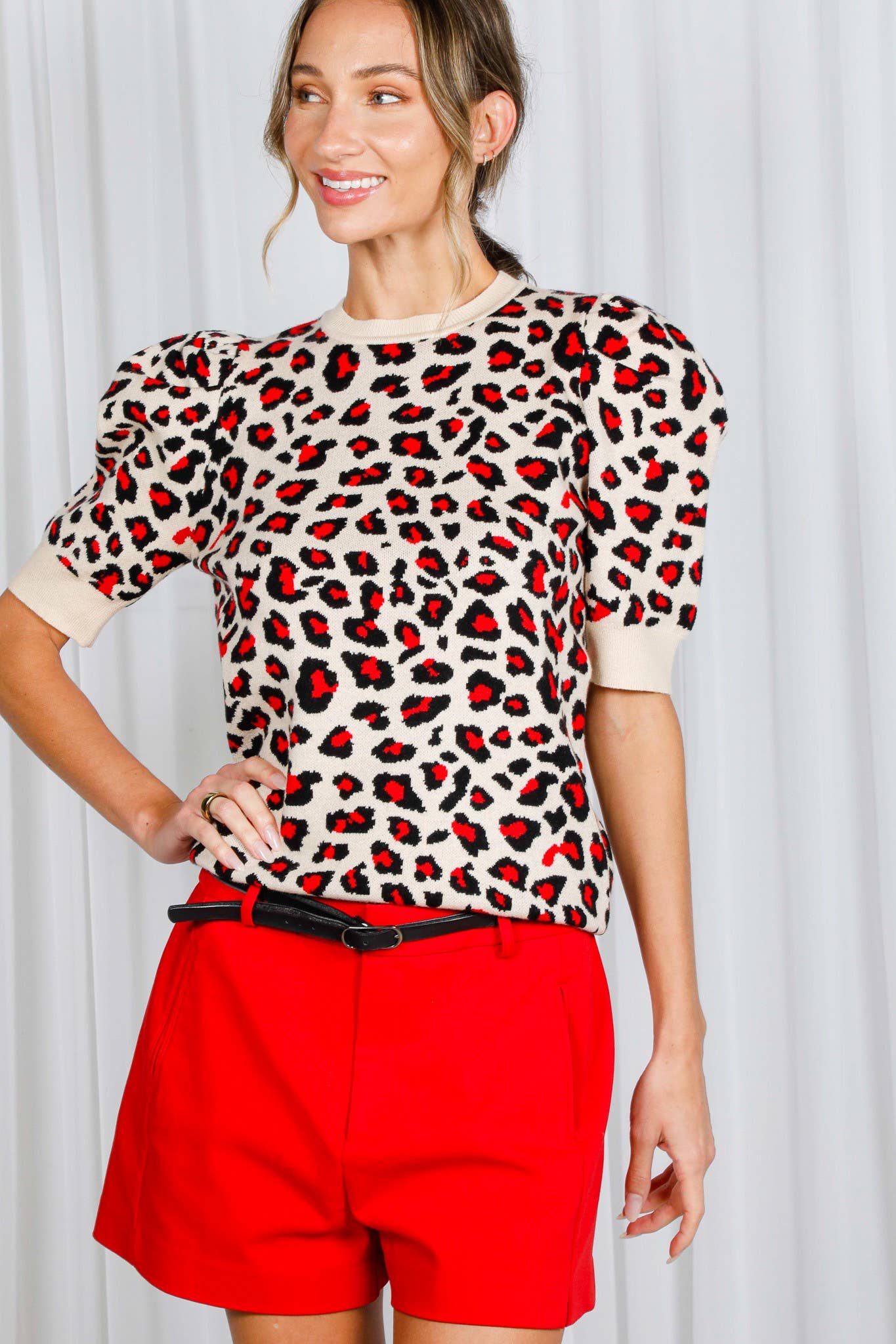 Vine & Love - Leopard Crew Neck Jacquard Knitted Sweater Top VT81344E