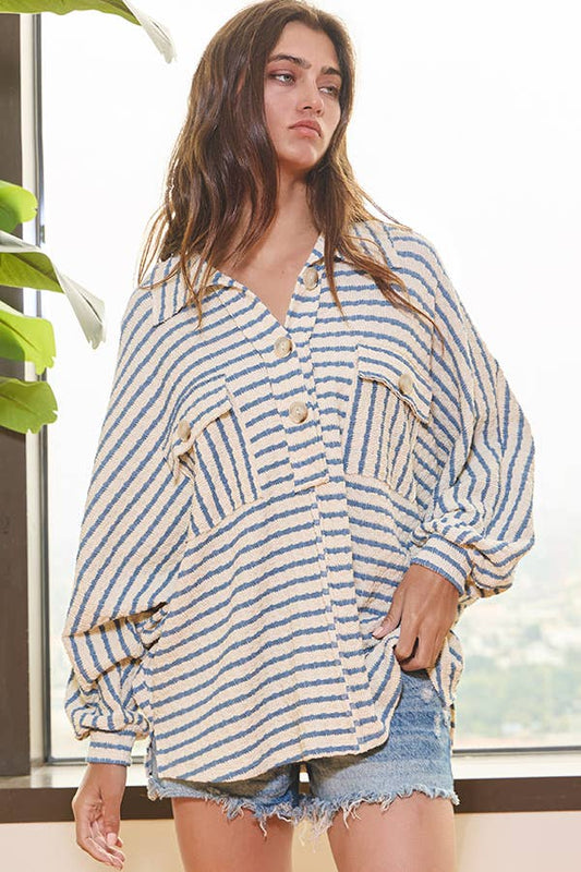 BUCKETLIST - T1578-5  Collared Oversized Button Up Stripe Pullover Top