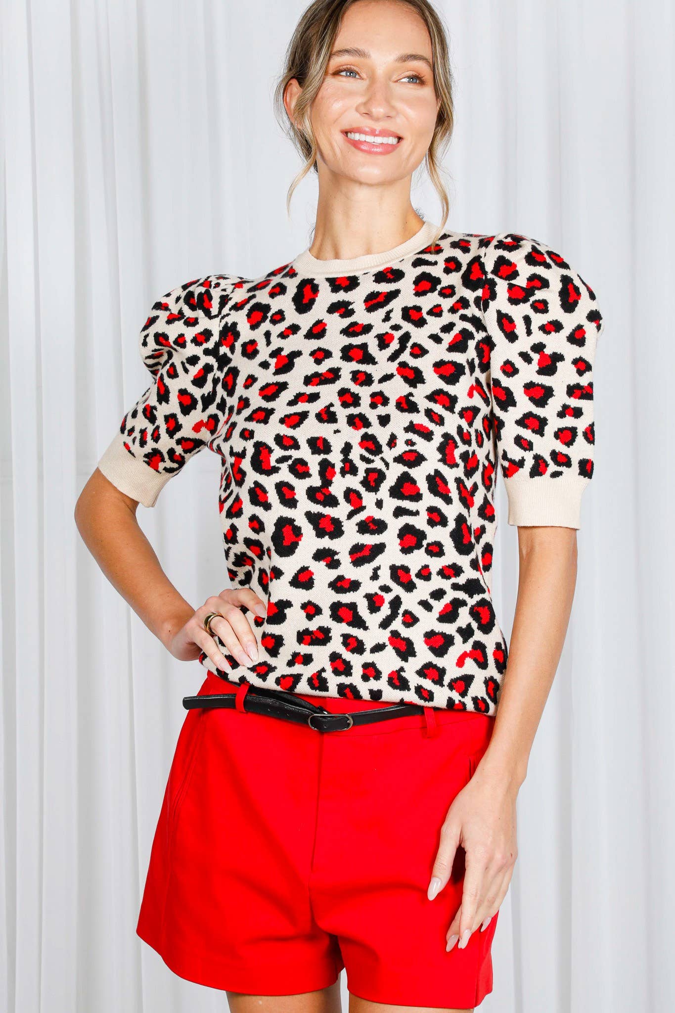 Vine & Love - Leopard Crew Neck Jacquard Knitted Sweater Top VT81344E