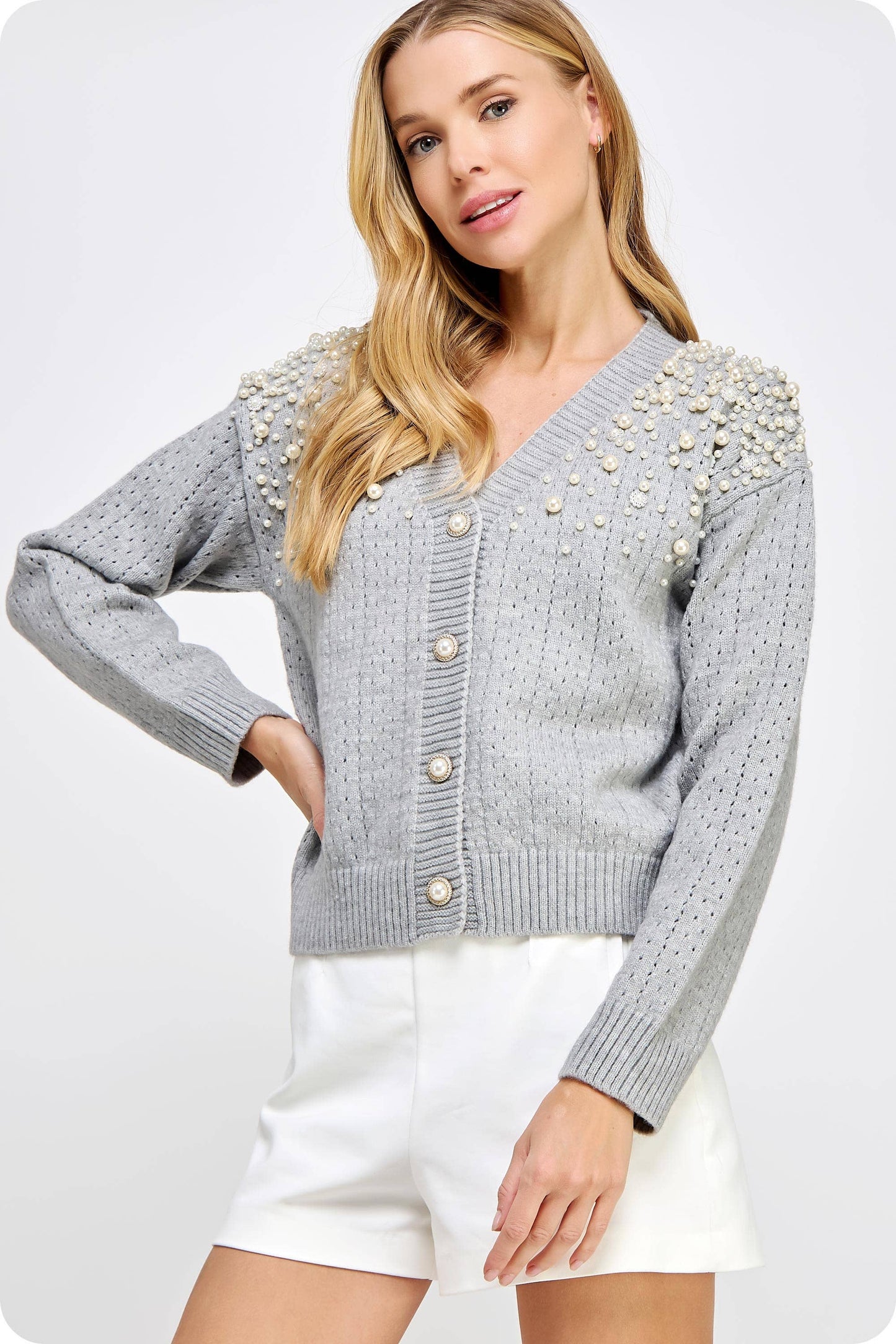 Strut & Bolt - Pearl Studded Eyelet Knit Cardigan Sweater
