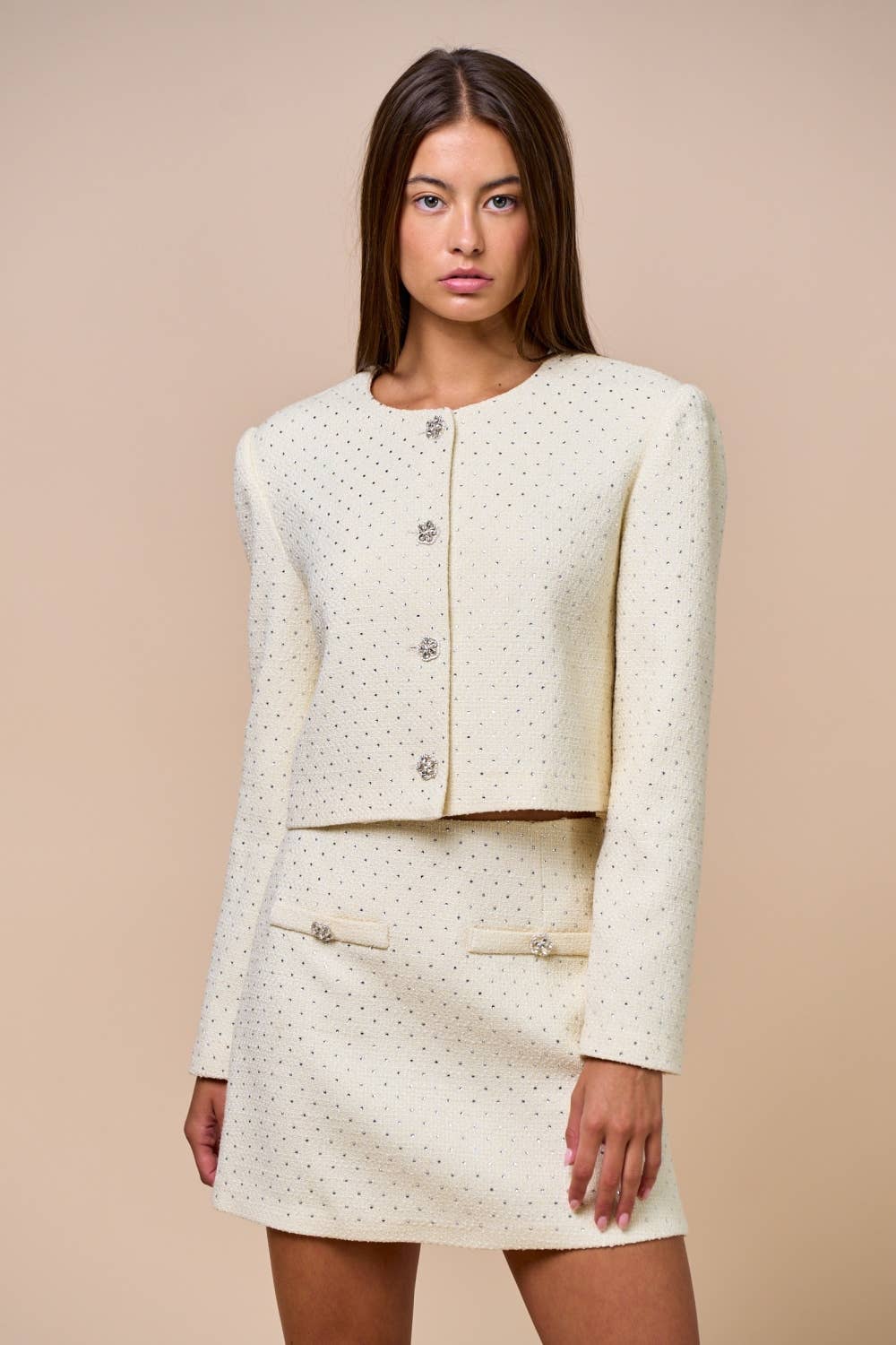 Lalavon - ILT6393 Tweed Jacket with Rhinestone Detail