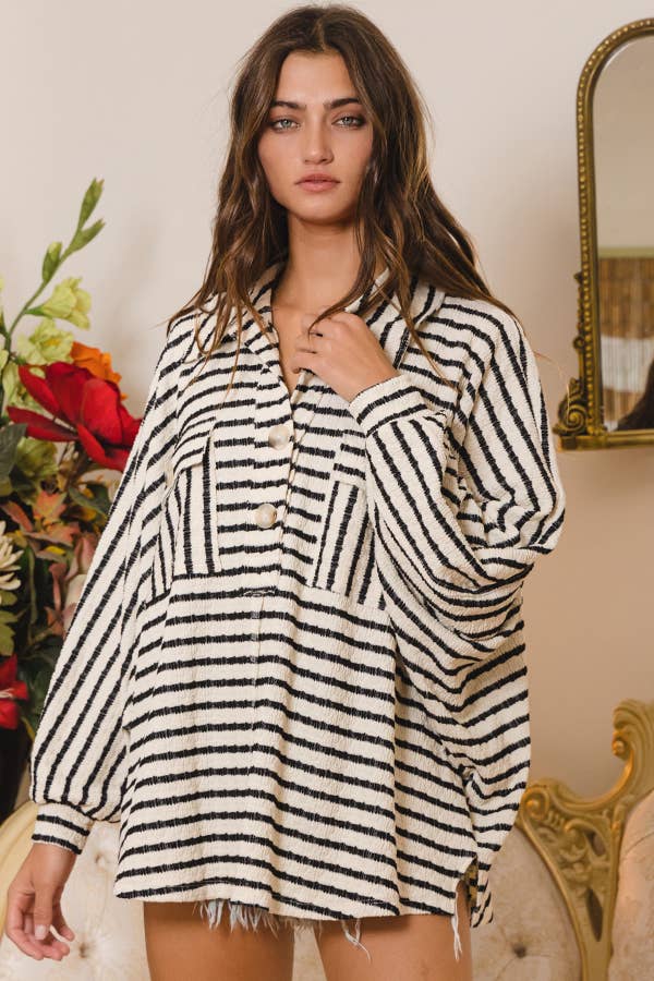 BUCKETLIST - T1578-5  Collared Oversized Button Up Stripe Pullover Top