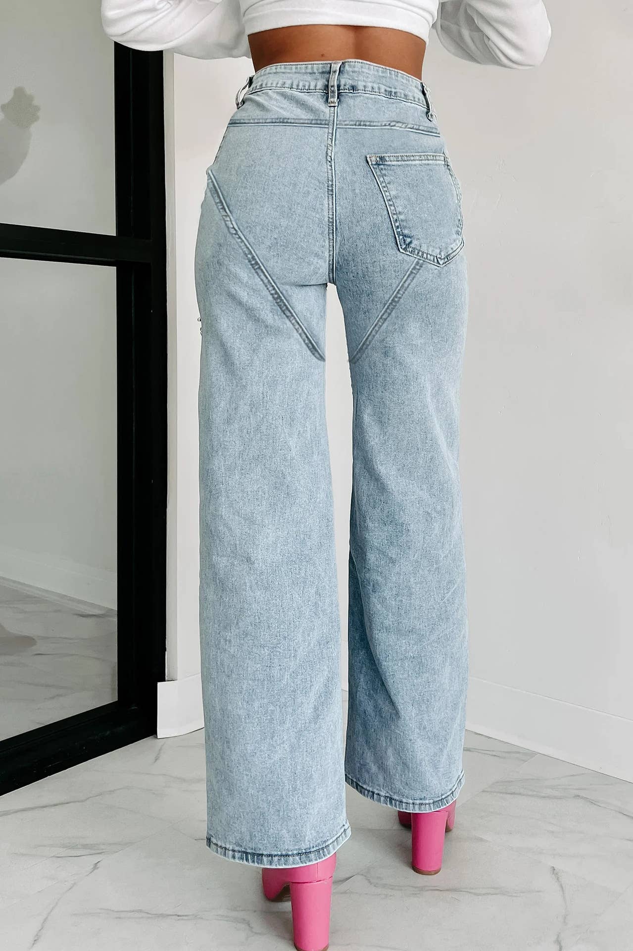 Rosa Clothing - Rhinestone cutout wide leg jeans: Light blue / S