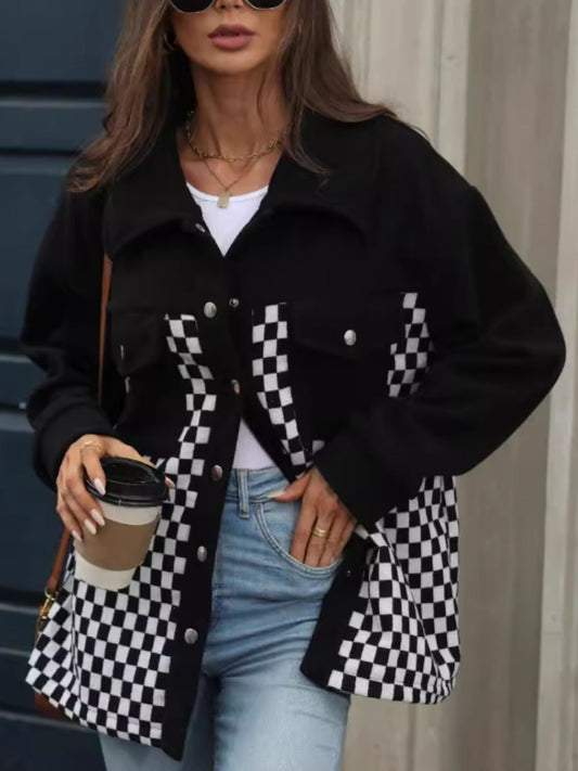 Checkered Snap Down Long Sleeve Jacket