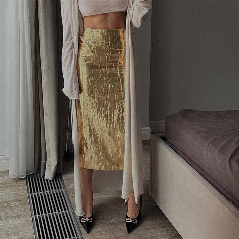 UZ Wholesale Store - Metallic Color Pleated Slit Mid-Length Pencil Skirt: GOLD / S