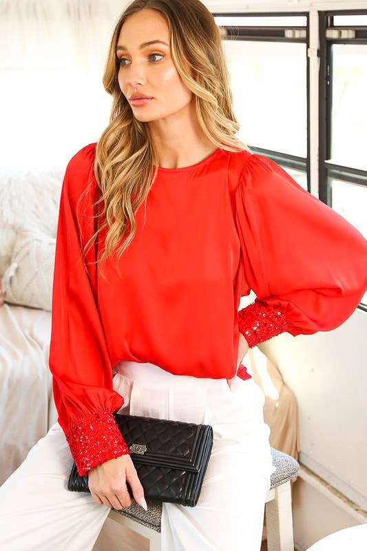 Vine & Love - Sequin Cuff Detail Boat Neck Satin Blouse Top VT81259