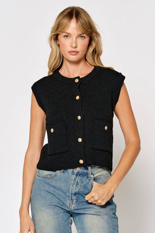 Lalavon - ILT5155 GOLD BUTTON SWEATER VEST W/ POCKETS