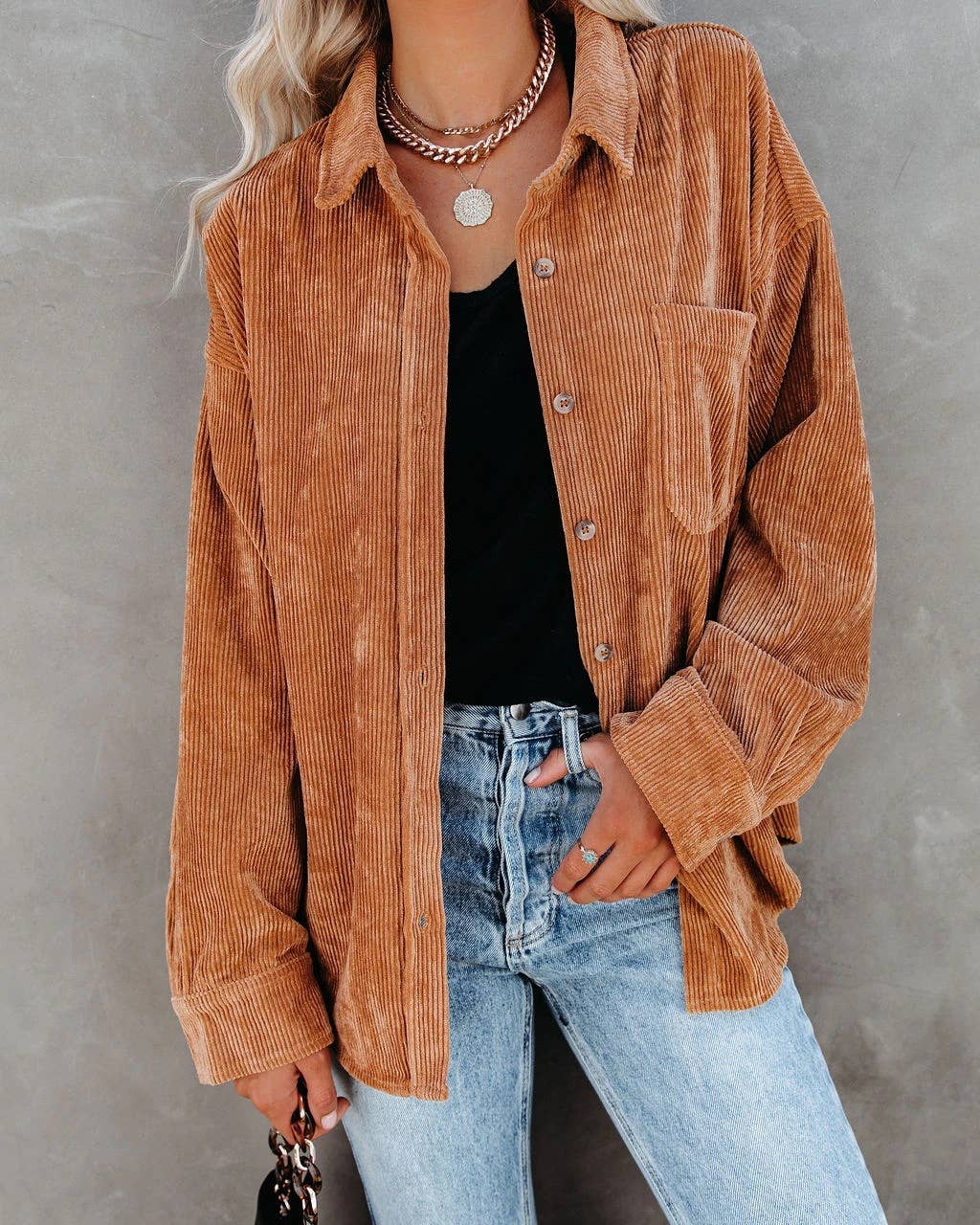 Rosa Clothing - Corduroy Oversized Solid Shacket: Caramel / S