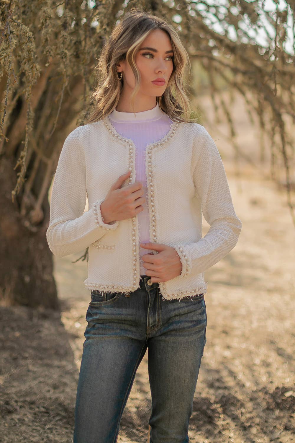 Strut & Bolt - Josette Frayed Pearl Detail Textured Knit Sweater