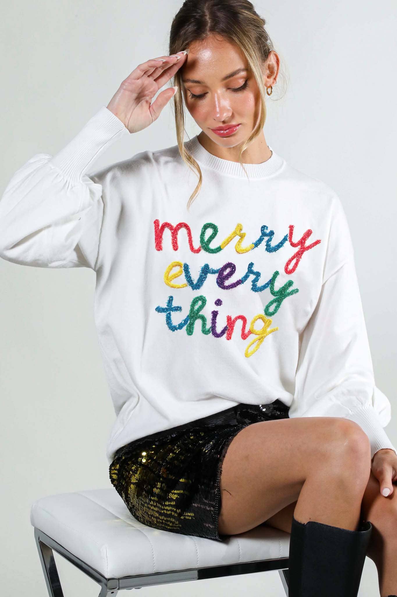 Vine & Love - Merry Everything Pop-Up Letter Graphic Knit Sweater VT81729
