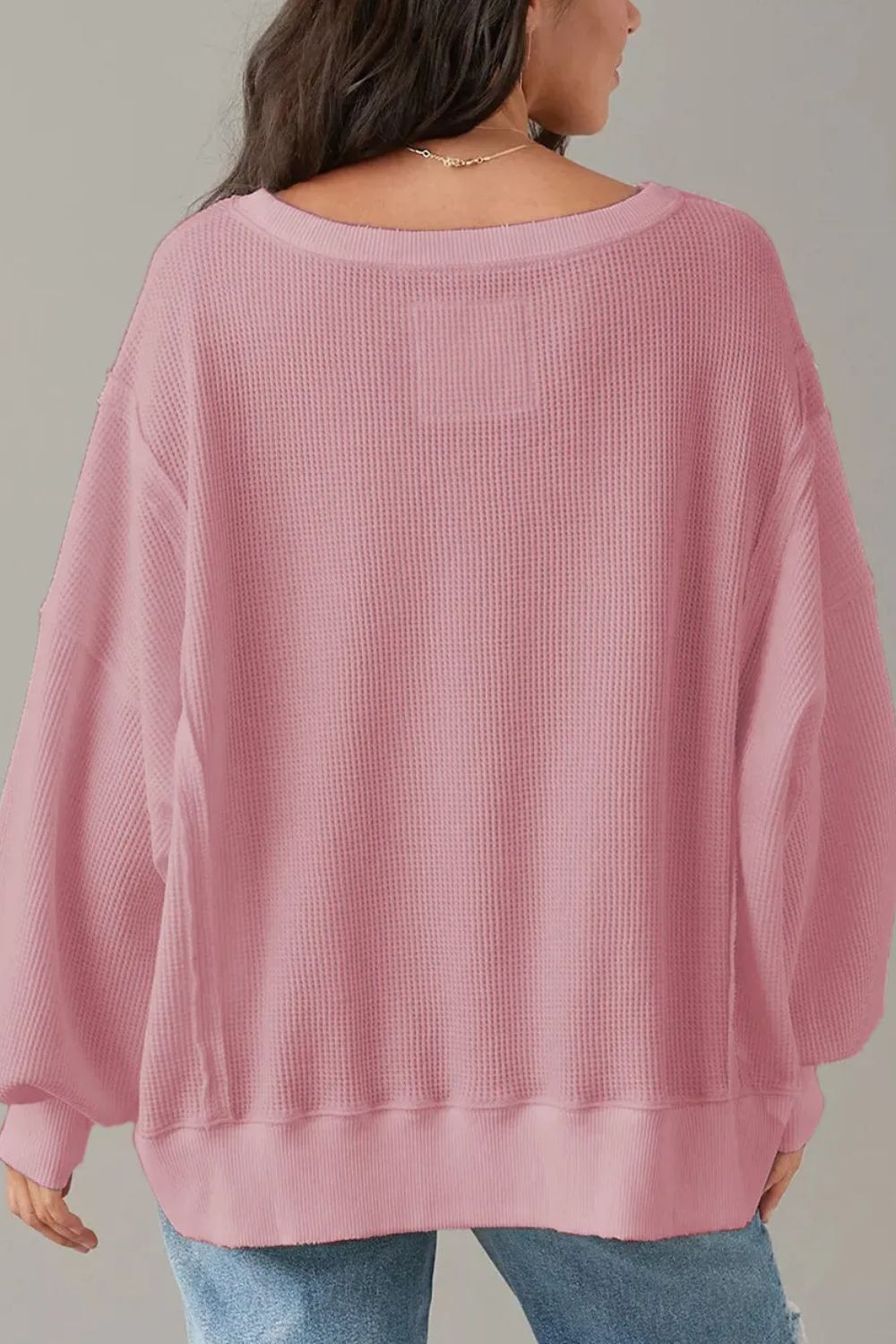 Slit Waffle-Knit Round Neck Long Sleeve Top