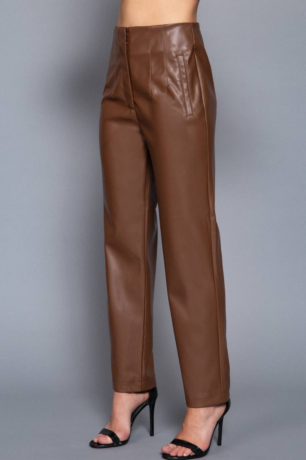 Active Basic | Active USA - Hight Waist Slim Fit Faux Leather Long Pants: BRN-warm brown / M