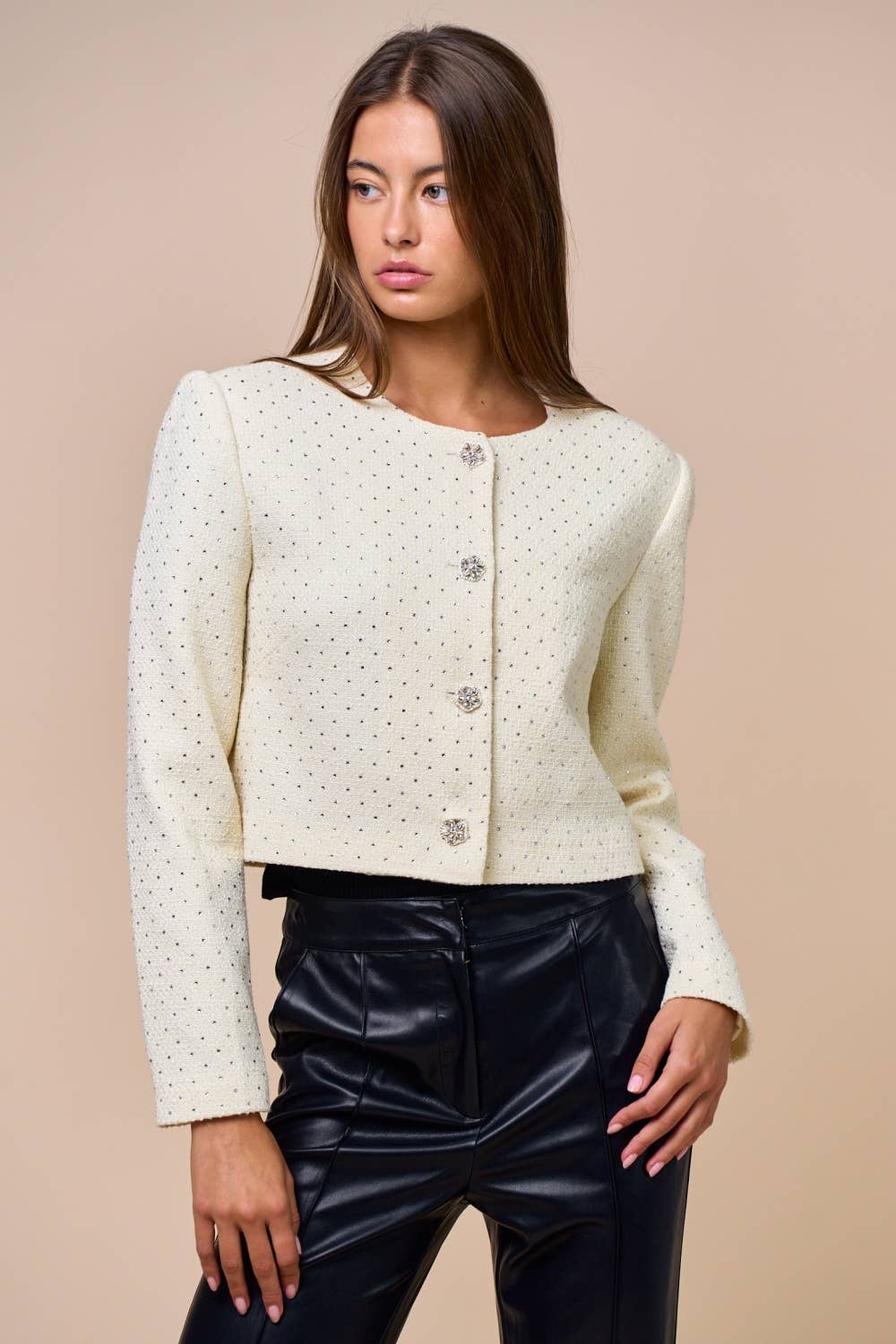 Lalavon - ILT6393 Tweed Jacket with Rhinestone Detail