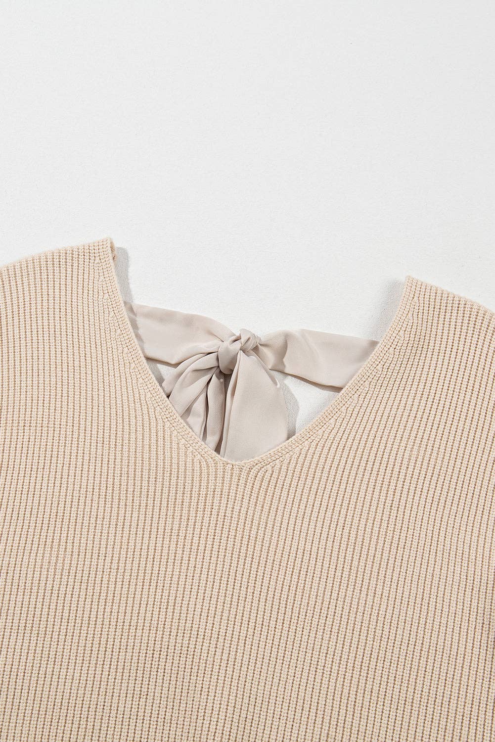 Suhkasana - Apricot Lantern Sleeve V Neck Knot Back Sweater: Apricot / 50%Viscose+28%Polyester+22%Polyamide / S