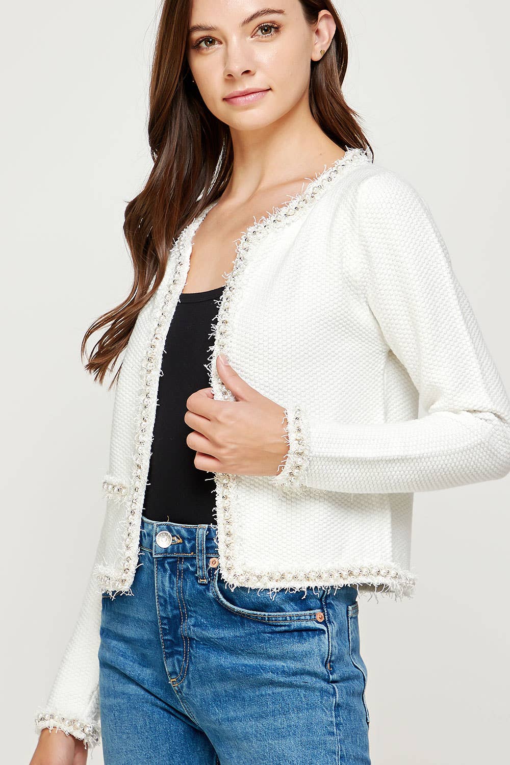 Strut & Bolt - Josette Frayed Pearl Detail Textured Knit Sweater