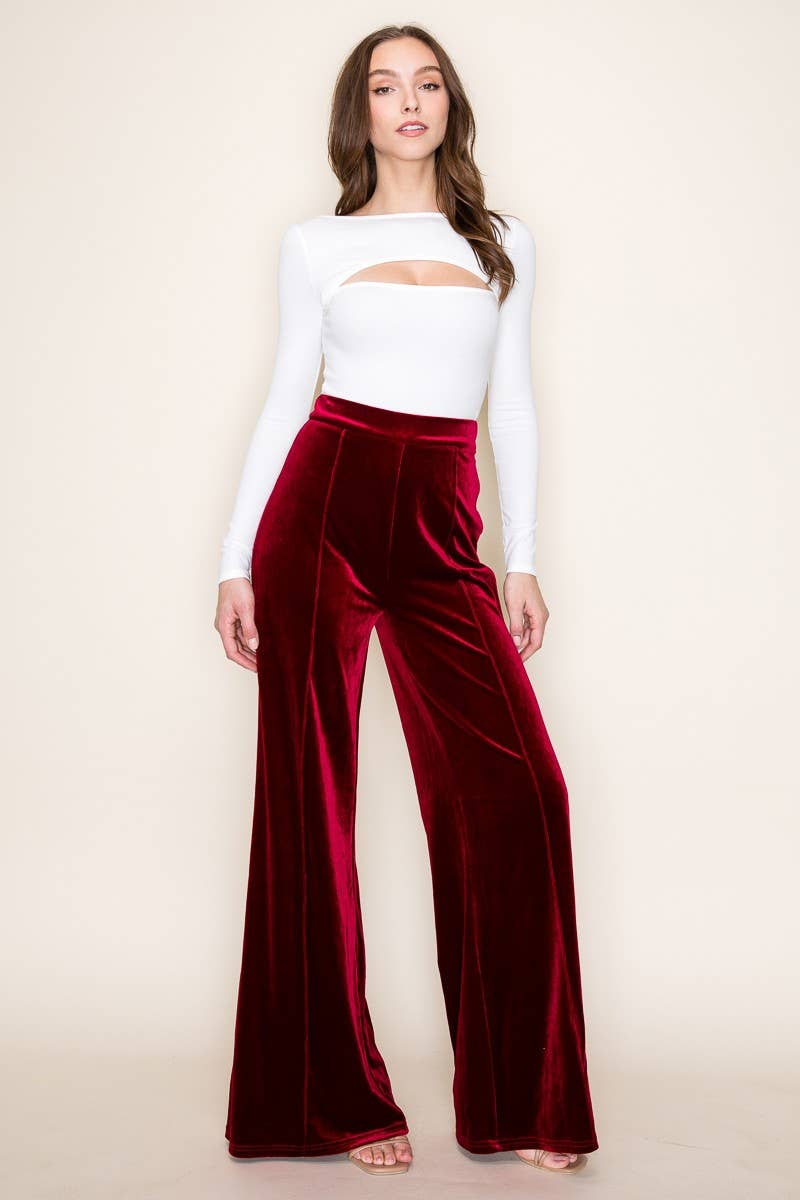 WISTERIA LANE - VELVET PALAZZO TROUSER PANTS 2422PIA WINE